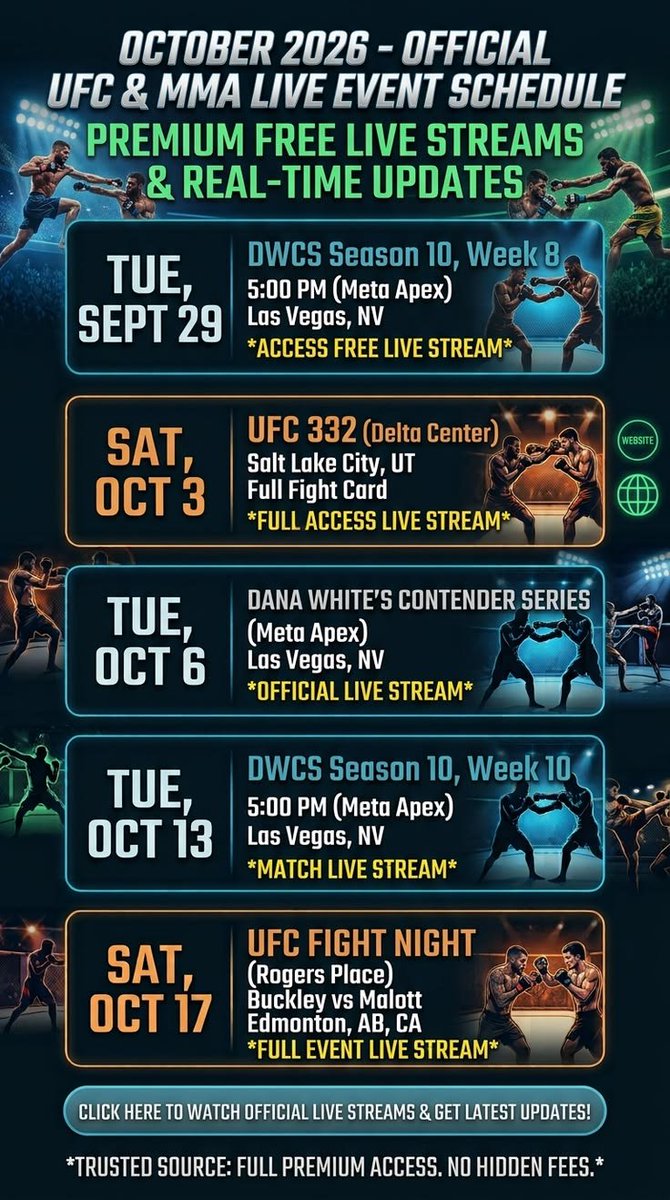 ufcfighthub's tweet photo. Get HD live streams &amp; real-time updates for DWCS, UFC 332 &amp; Fight Night!

🗓️ Sept 29 | Oct 3 | Oct 6 | Oct 13 | Oct 17
👇 Watch Live Here: https://t.co/cF5mc9LrvQ
#UFC #DWCS #UFC332 #MMAStream #FreeLiveStream https://t.co/v5Fkvuid7x