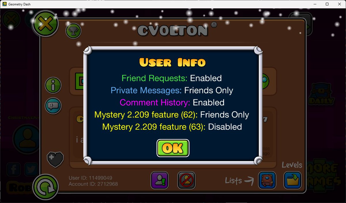 Misabr0penguin's tweet photo. As of today, DMs have been fully disabled for non-friends and Friend Requests can no longer contain messages. This appears to be part of the effort to improve child safety on Geometry Dash. https://t.co/eot0WOinj8