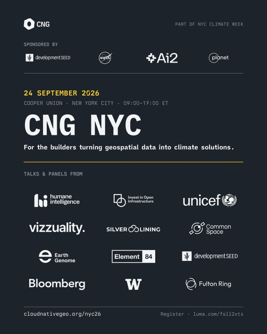 cloudnativegeo's tweet photo. If you're in #NYC for ##ClimateWeekNYC, join us on Sep 24 at @cooperunion for a one-day, in-person gathering with the @cloudnativegeo community. Tickets are still available! Details to register:
https://t.co/kSwiPyoCHT https://t.co/vin5vqWFsM