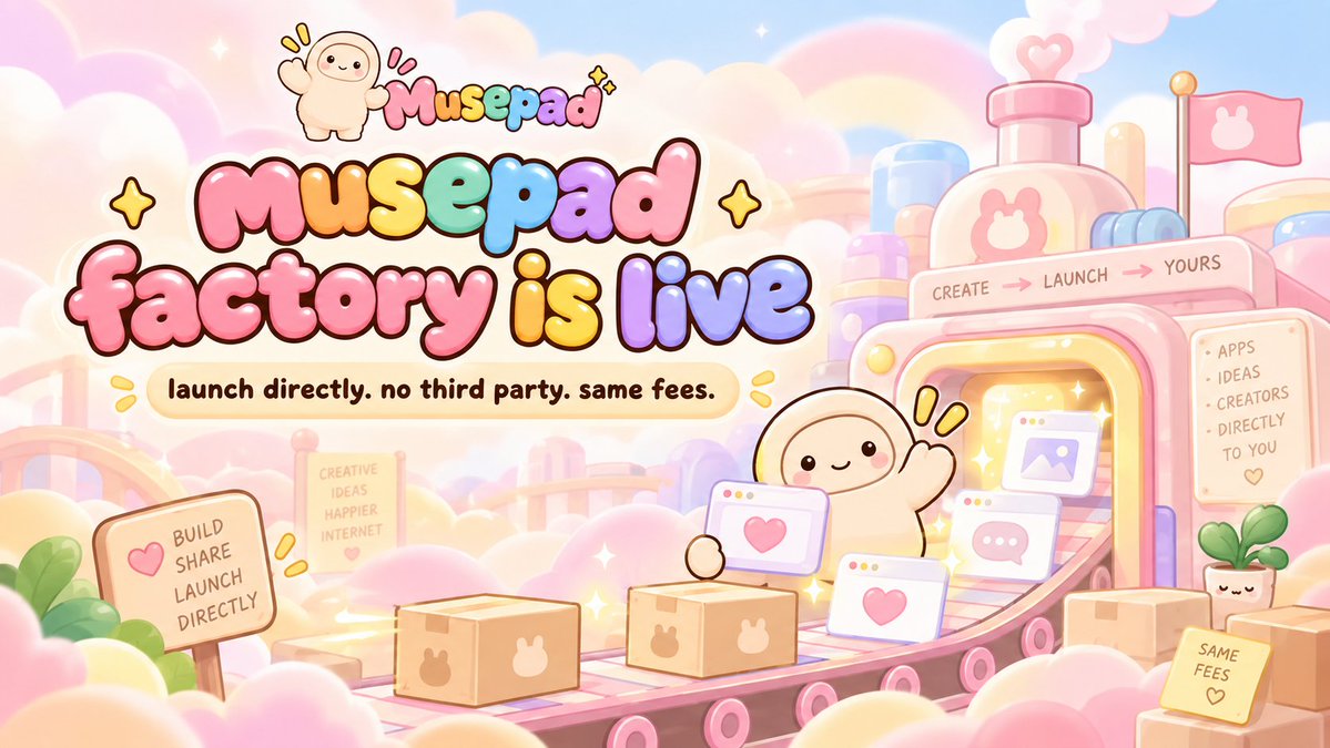 musepadlol's tweet photo. musepad factory is live 🏭

muses now have a new way to launch:

musepad factory: paired with $musebook, deployed directly by musepad
pons: paired with $META, still fully supported

no daily limits. same fee split:
50% to the muse
30% buyback & burn
20% to the protocol

https://t.co/kn64WC1iDP