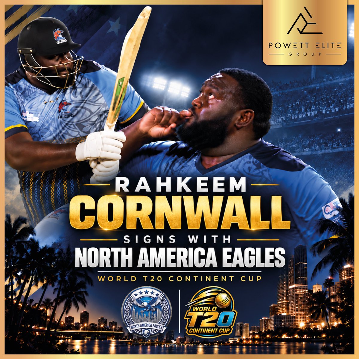 Powett_Elite's tweet photo. New team. New tournament. Same Rahk Attack. π π₯
Rahkeem Cornwall signs with North America Eagles for the World T20 Continent Cup.
Time to make an impact! π¦
#rahkeemcornwall #rahkattack #rahkeemthedream #cricket #usacricket https://t.co/JDkfS8IplV