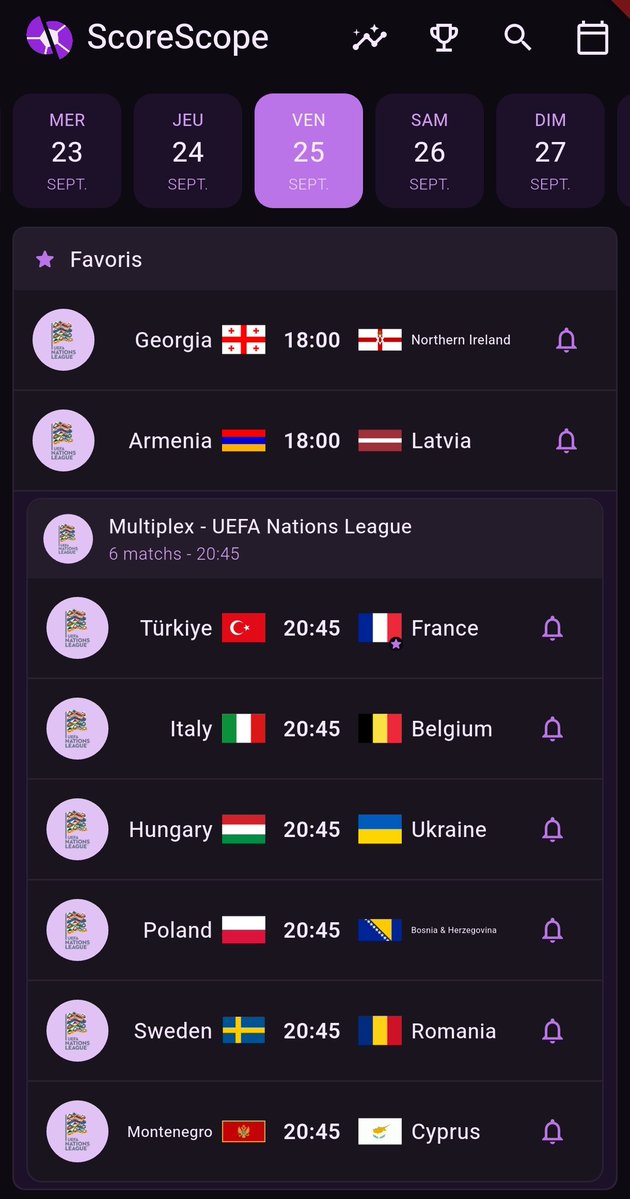 ScoreScopeApp's tweet photo. Avec cette première trêve internationale, c'est l'arrivée de la Ligue des Nations sur l'application, n'hésitez pas à l'ajouter en favori pour la faire ressortir en priorité dans les matchs du jour ! https://t.co/esPApgdZfm