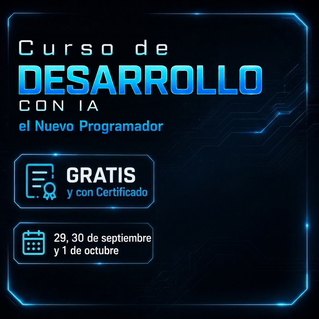 G_Programming's tweet photo. Curso gratis de desarrollo con IA, con certificado, y lo da @MoureDev .

29 y 30 de septiembre y 1 de octubre, 19:00 hora España, en abierto.

Día 1 diseñás, día 2 delegás a un agente, día 3 orquestás tu equipo de agentes.

El que solo pica código pierde valor. Es gratis, ponete las pilas.

Link en el primer comentario (afiliado, si entrás por ahí me das una mano).