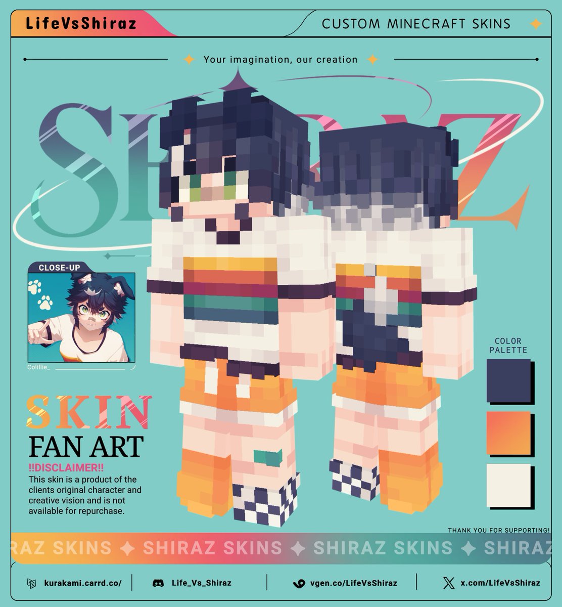 LifeVsShiraz's tweet photo. ✦ Fanart skin for @Colillie_ 💙 their art is such an inspiration and their oc is the cutest! 🐶🌈

↻ + ♡ are appreciated! ── ✧

#Minecraft #Minecraftskin #BlockBench #pixelart #ドット絵 #vtuber https://t.co/pt8G8opRx2