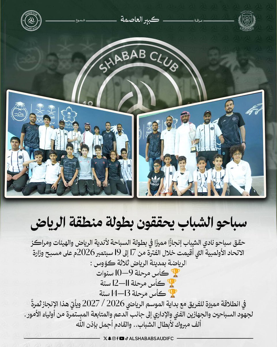 ShababSaudiFC's tweet photo. سباحو #الشباب يحققون بطولة منطقة الرياض 🏊‍♂️🏆 https://t.co/hgan9zcEkc