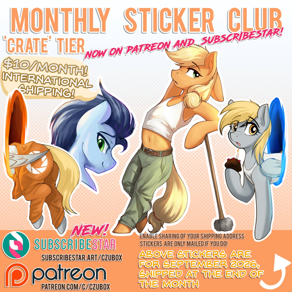 czubox's tweet photo. Hello Everypony! My sticker club is now live for both Patrons and people on the Substar on the $10 tier. By joining, you'll get 4 stickers mailed to you every month, as well as benefits like early art releases, image voting, and Discord access! Come check out! https://t.co/87yu7xa3ER