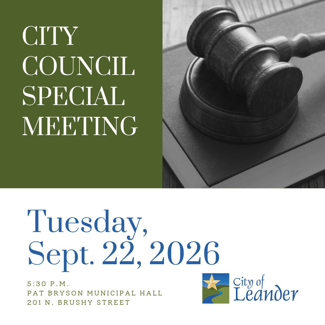 CityofLeander's tweet photo. 𝗟𝗘𝗔𝗡𝗗𝗘𝗥 𝗖𝗜𝗧𝗬 𝗖𝗢𝗨𝗡𝗖𝗜𝗟 𝗦𝗣𝗘𝗖𝗜𝗔𝗟 𝗠𝗘𝗘𝗧𝗜𝗡𝗚
🗓DATE: Tues, Sept 22
⏰TIME: 5:30P
🗺 PLACE: Pat Bryson Municipal Hall, 201 N. Brushy St.
🎯AGENDA: https://t.co/N1MRjg9Ggr
🙋PUBLIC COMMENTS FORM: https://t.co/qEBabKmAxb
🎥LIVE STREAM: https://t.co/YiTnuCVwCp https://t.co/1kIY7qlEos