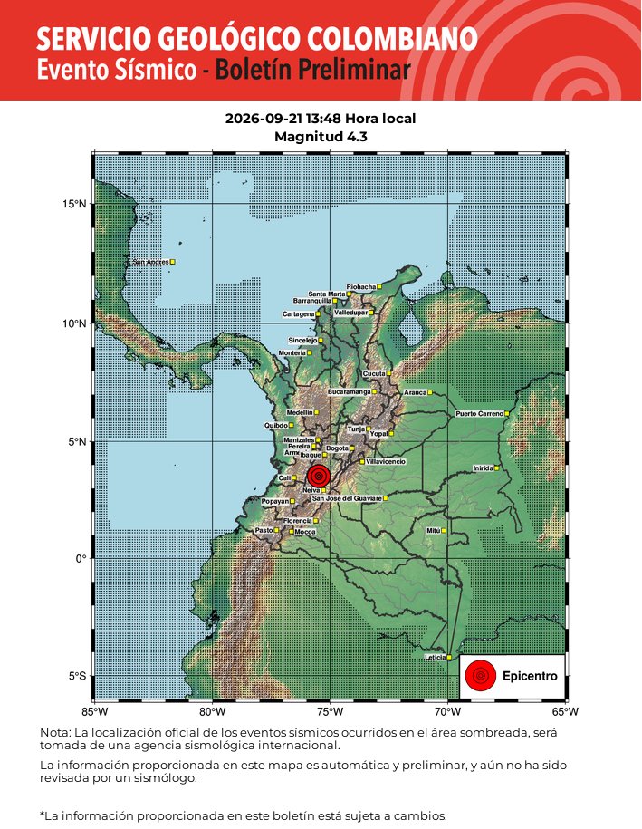 sgcol's tweet photo. #SismosColombiaSGC Evento Sísmico - Boletín Preliminar, 2026-09-21, 13:48 hora local Magnitud 4.3. Profundidad superficial ¿Sintió este sismo? repórtelo https://t.co/pgC7OC2O7j https://t.co/63pt8nVsSe #Temblor #Sismo https://t.co/kiw6BKWFkY