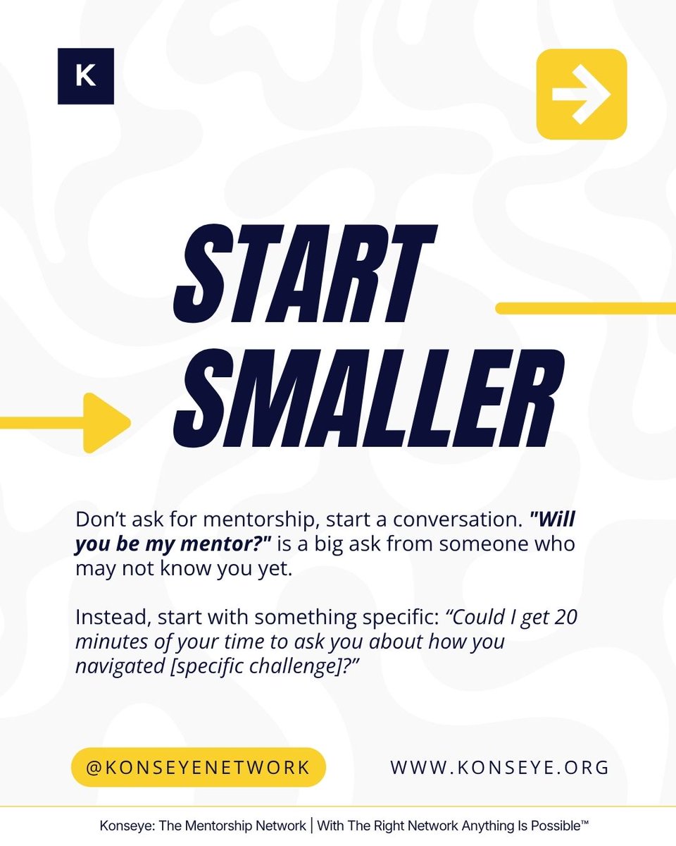 Konseyenetwork's tweet photo. “Will you be my mentor?”
Maybe don’t start there.
A better approach is to lead with a specific question, ask for a short conversation, and show that you’ve done your homework.
Here’s how to make that first ask feel less awkward. 👇
#MondayMusing #TheOtherCV https://t.co/MYDD7G46a5