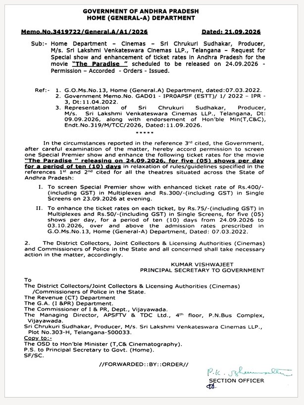 Khadeer41204641's tweet photo. Ticket Price hike by AP government GO pass and.. Now booking open in AP at district app #districtapp
#TheParadise
#Nani
#Srikanthodela
#AP #Governmentofandhrapradesh https://t.co/I3GLSXvCfu