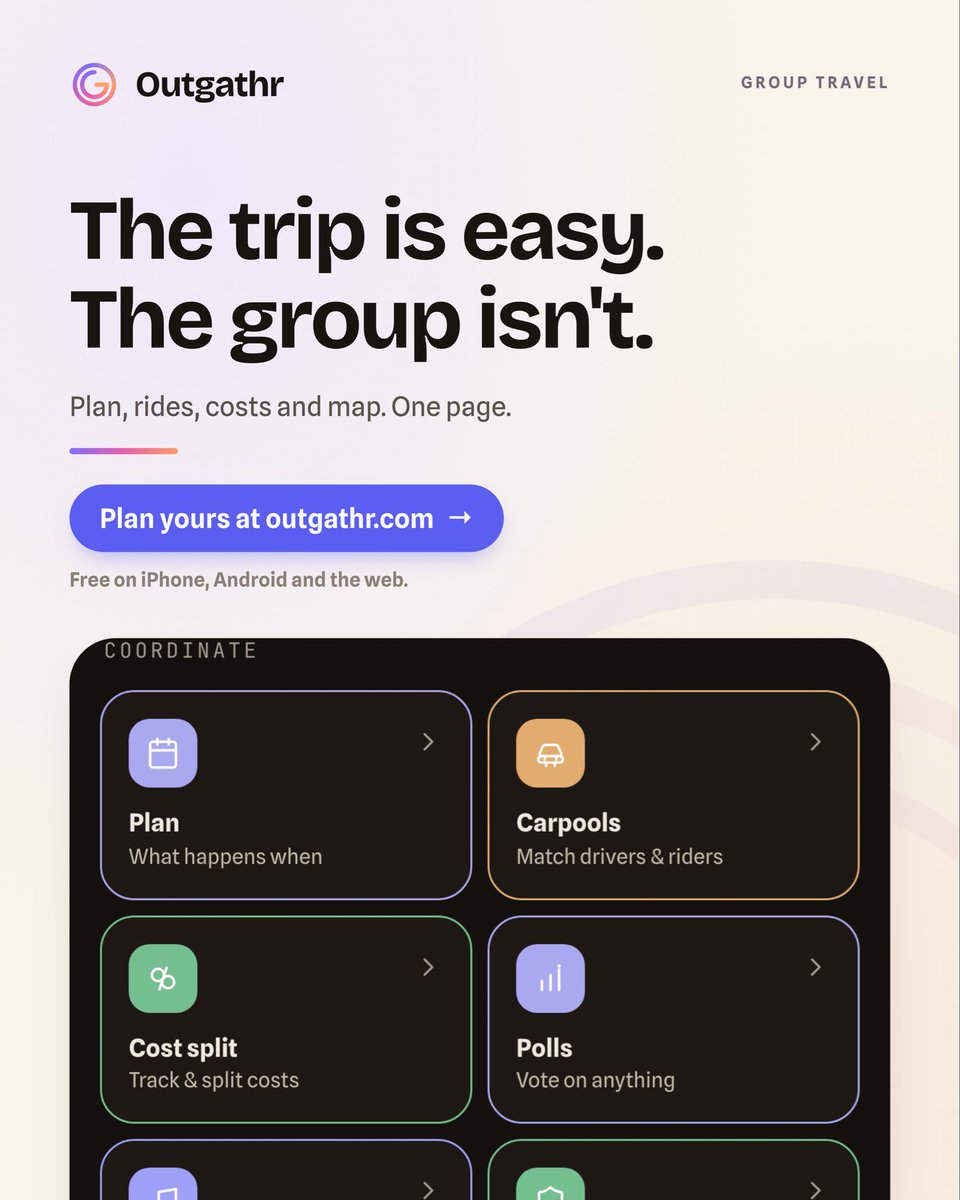 Outgathr's tweet photo. Nobody cancels a trip because the flights were hard.

One page holds the plan, the rides, the costs, the documents and a live map. Everyone sees the same thing.

Free on iPhone, Android and the web. Link in bio.
#grouptravel #triplanning #travelwithfriends #roadtrip #outgathr https://t.co/4T3ThHnXpC