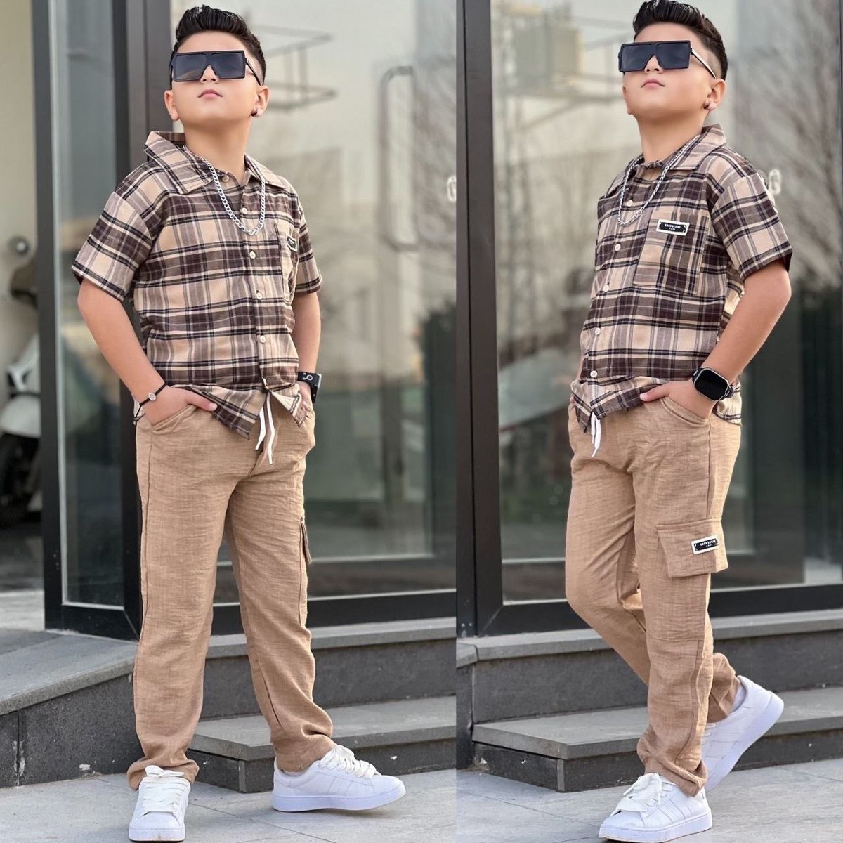 PEDROLO_99's tweet photo. Timeless style for the modern boy. Checkered shirt with brown cargo pants—clean, confident, and effortlessly cool. Sizes 9–16 years. Order via DM or WhatsApp 78 868 280. https://t.co/DM8agfMrmU