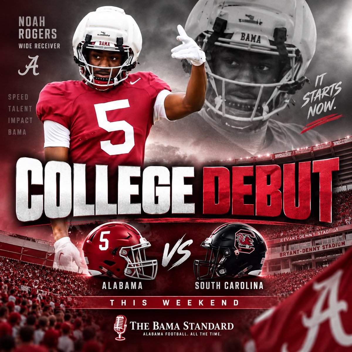 TheBamaStandard's tweet photo. 🚨BREAKING🚨 Alabama wide receiver Noah Rogers is set to make his debut vs South Carolina this weekend! 🔥

Welcome back Noah! 💪🏼 

#CollegeFootball #RollTide #BamaFactor https://t.co/VRCq4yMRFK