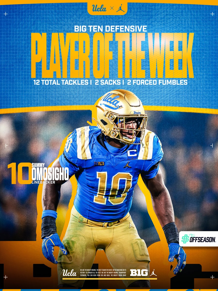 UCLAFootball's tweet photo. The Big Ten leader in total tackles, sacks, tackles for loss, and forced fumbles, is the @bigten Defensive Player of the Week. 

10/10 night, @SamuelOmosigho 💪 https://t.co/KqnJmNuDGt