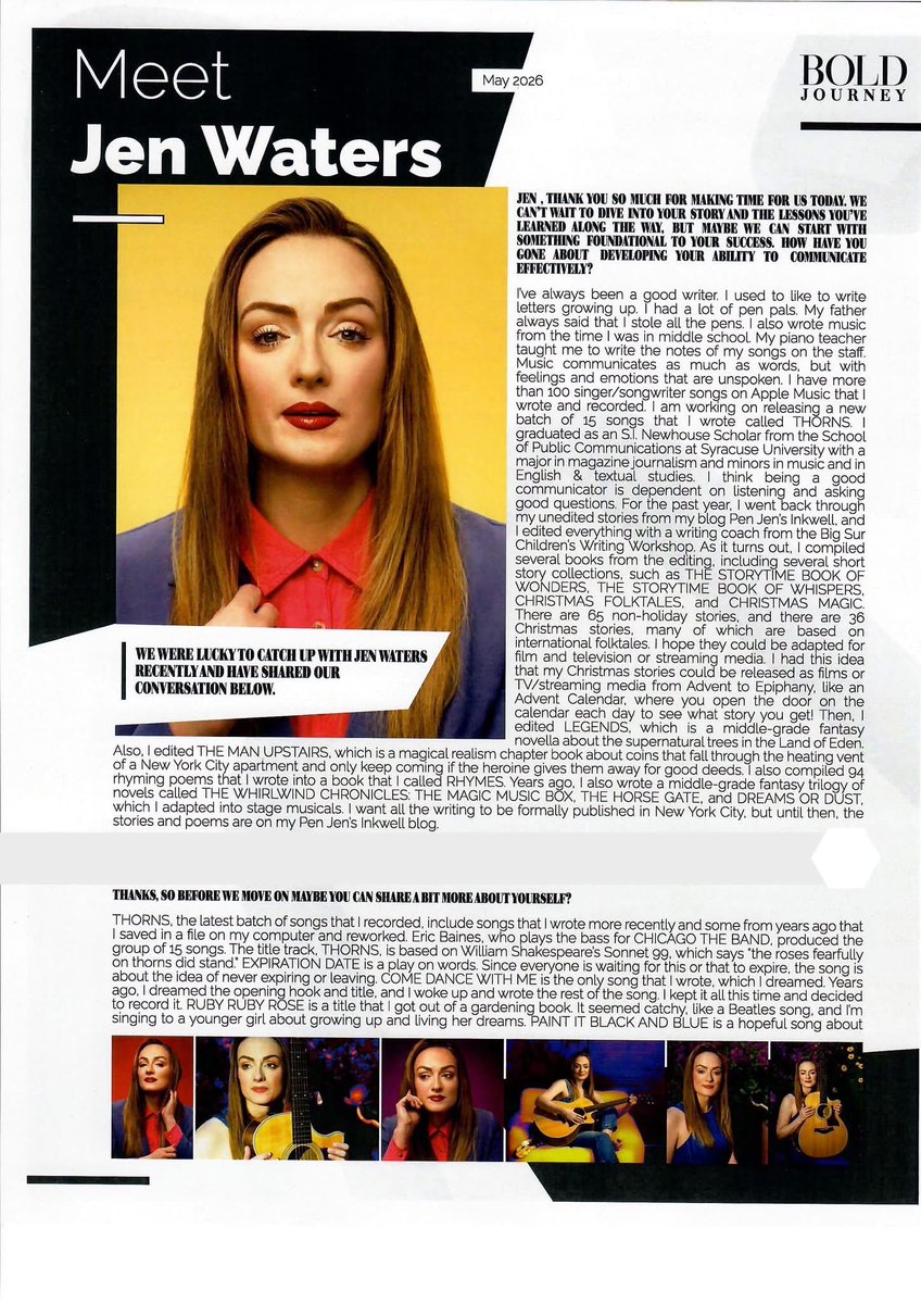 JenLWaters's tweet photo. Thank you to BOLD JOURNEY for the great prints of my May 2026 interview!
Wonderful photos by Alan Weissman. ๐ธ@alanweissman
#PenJenSongs #PenJenProductions #JenWaters #BOLDJOURNEY https://t.co/kimvy3eIuG