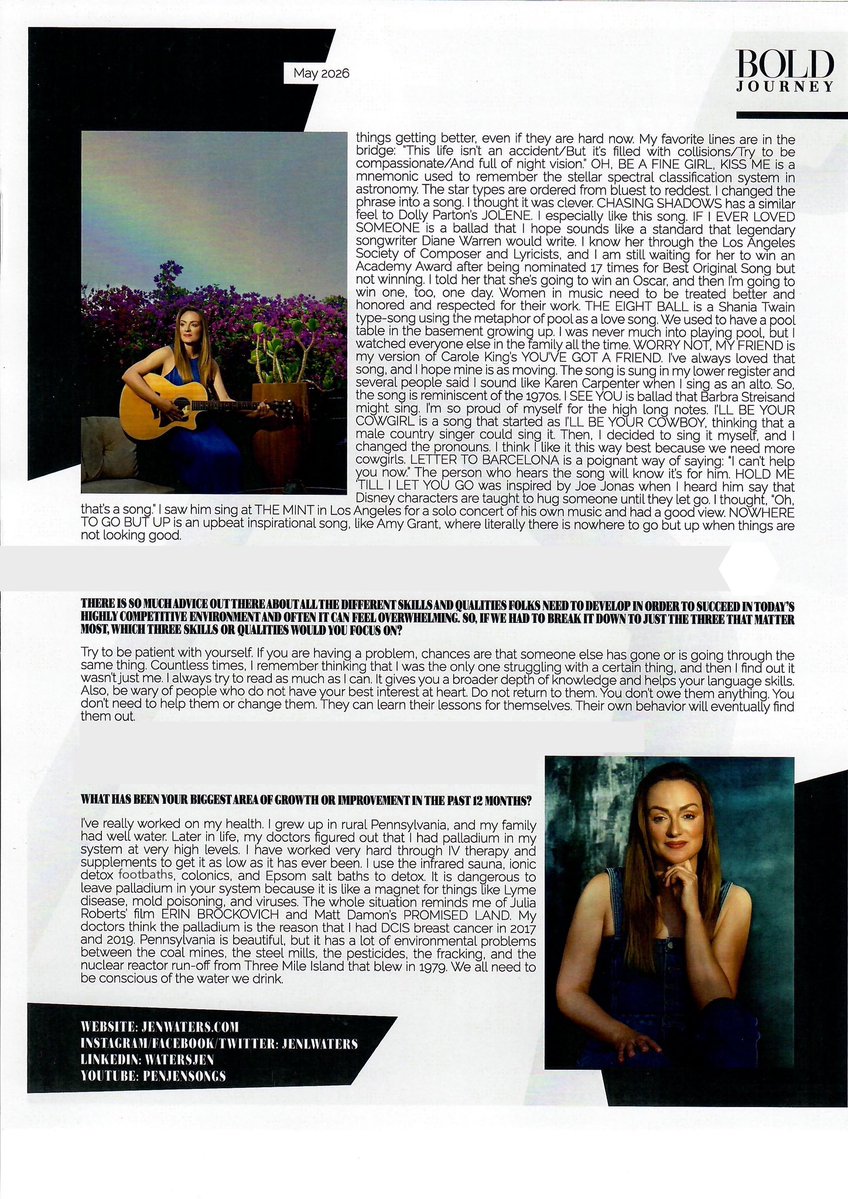 JenLWaters's tweet photo. Thank you to BOLD JOURNEY for the great prints of my May 2026 interview!
Wonderful photos by Alan Weissman. ๐ธ@alanweissman
#PenJenSongs #PenJenProductions #JenWaters #BOLDJOURNEY https://t.co/kimvy3eIuG