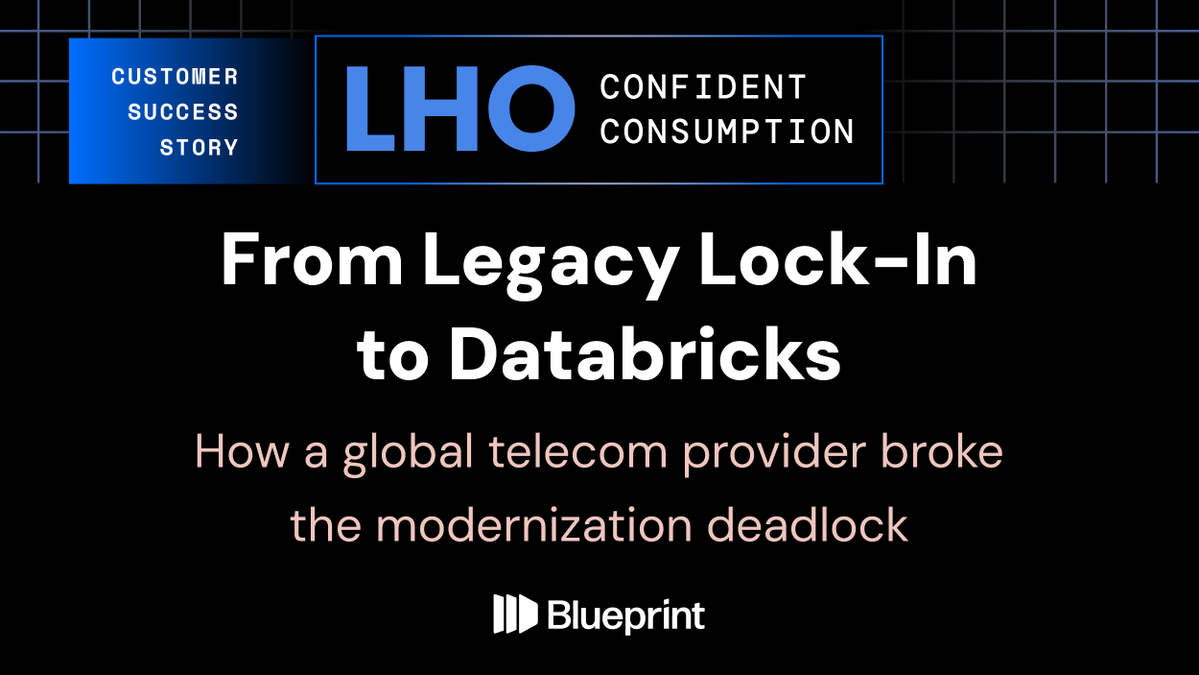 bpcs_tech's tweet photo. When staying on legacy feels safer than modernizing, how do you break thedeadlock?​

See how Blueprint helped a global telecom provider move its most complex @Oracle  + @Informatica  workloads to @databricks  while creating a repeatable path for what came next. ​

#Databricks https://t.co/2DYZQUsS55