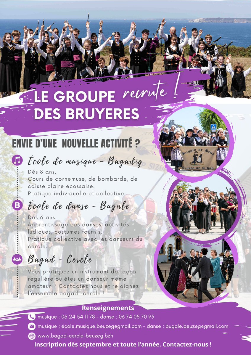 BeuzegGDB's tweet photo. 🎶C’EST LA REPRISE DES COURS AU BAGAD BEUZEG 😀
Tu veux tester un instrument ? Faire partie d’un groupe ? Vivre des moments sympas ?
🎼 Bombarde, cornemuse ou batterie… à toi de choisir  !
🎉Tous les samedi de septembre, à partir de 9h40, viens nous voir, découvrir, tester ! https://t.co/5ooLxV7Ykh