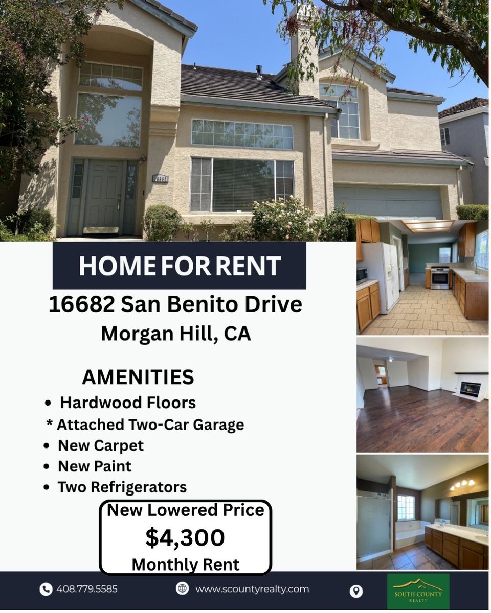RealtyCounty's tweet photo. 🏡✨ HOME FOR RENT! ✨🏡
📍 16682 San Benito Drive, Morgan Hill, CA

AMENITIES
✨ New carpet
✨ Hardwood floors
✨ Fresh interior paint
✨ Spacious and inviting living areas
✨ Move-in ready

Rent  (New Lowered Price) $4,300
Security Deposit $4,300
Application Fee $40 https://t.co/PLmzrEBOSd