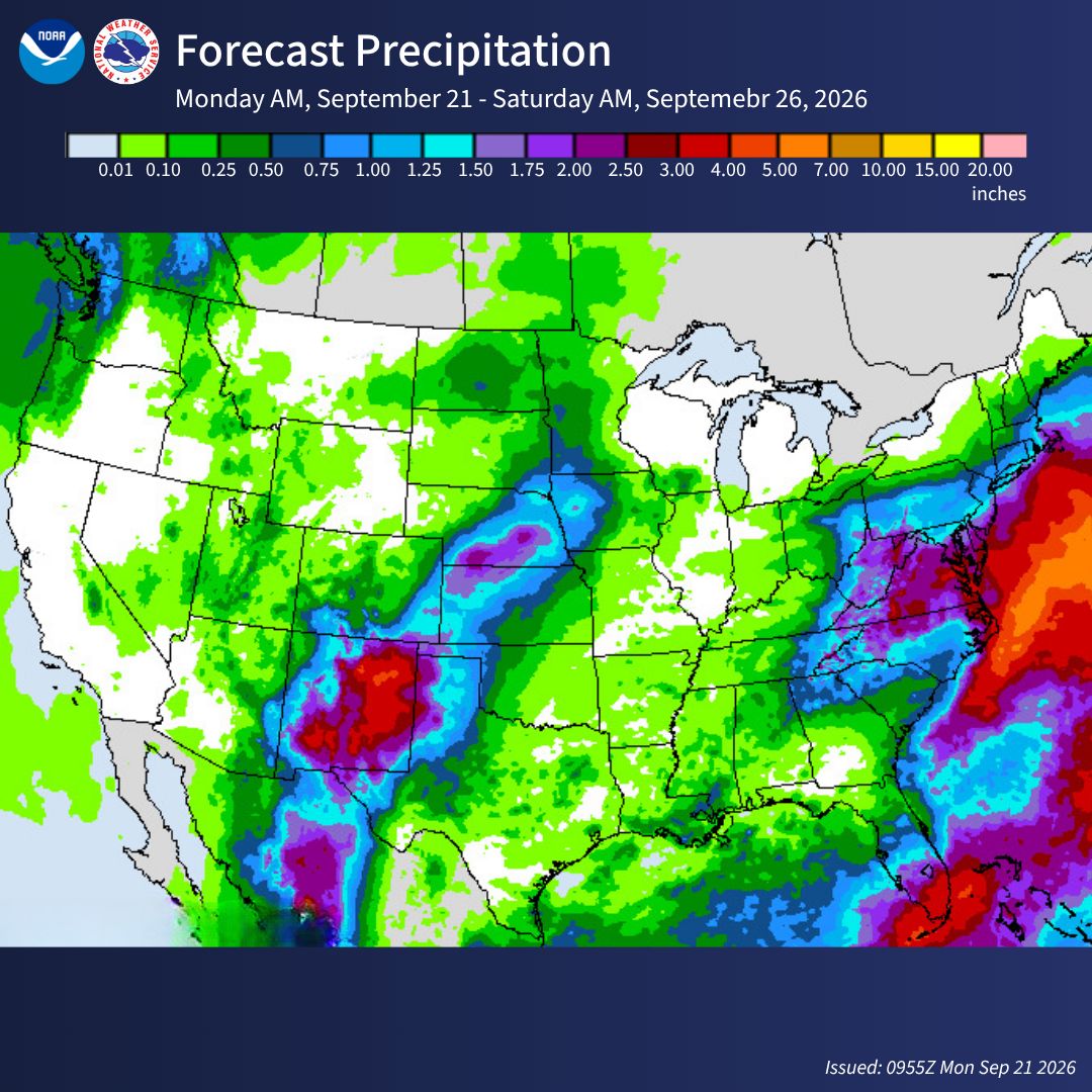 NWS's tweet photo. A look at the week ahead: Multiple regions face elevated heavy rain and flash flooding risks this week.
Multiple rounds of moderate to locally heavy rain will impact portions of the Appalachians and Mid-Atlantic.
Thunderstorms with isolated severe wind gusts will be possible this afternoon from parts of the Southeast into the southern and central Appalachians.
A multi-day heavy rain will pose a flash flood threat in New Mexico beginning Tuesday.