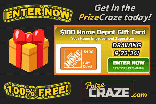 Prize_Craze's tweet photo. #GiveawayAlertโ
1 day left to submit your free entries for the chance to #win a $100 Home Depot Gift Card!๐
If you ๐LOVE #winning FREE PRIZES...
๐
Get in the PrizeCraze today: https://t.co/lUY061B8Dq https://t.co/RD05EMk6ai