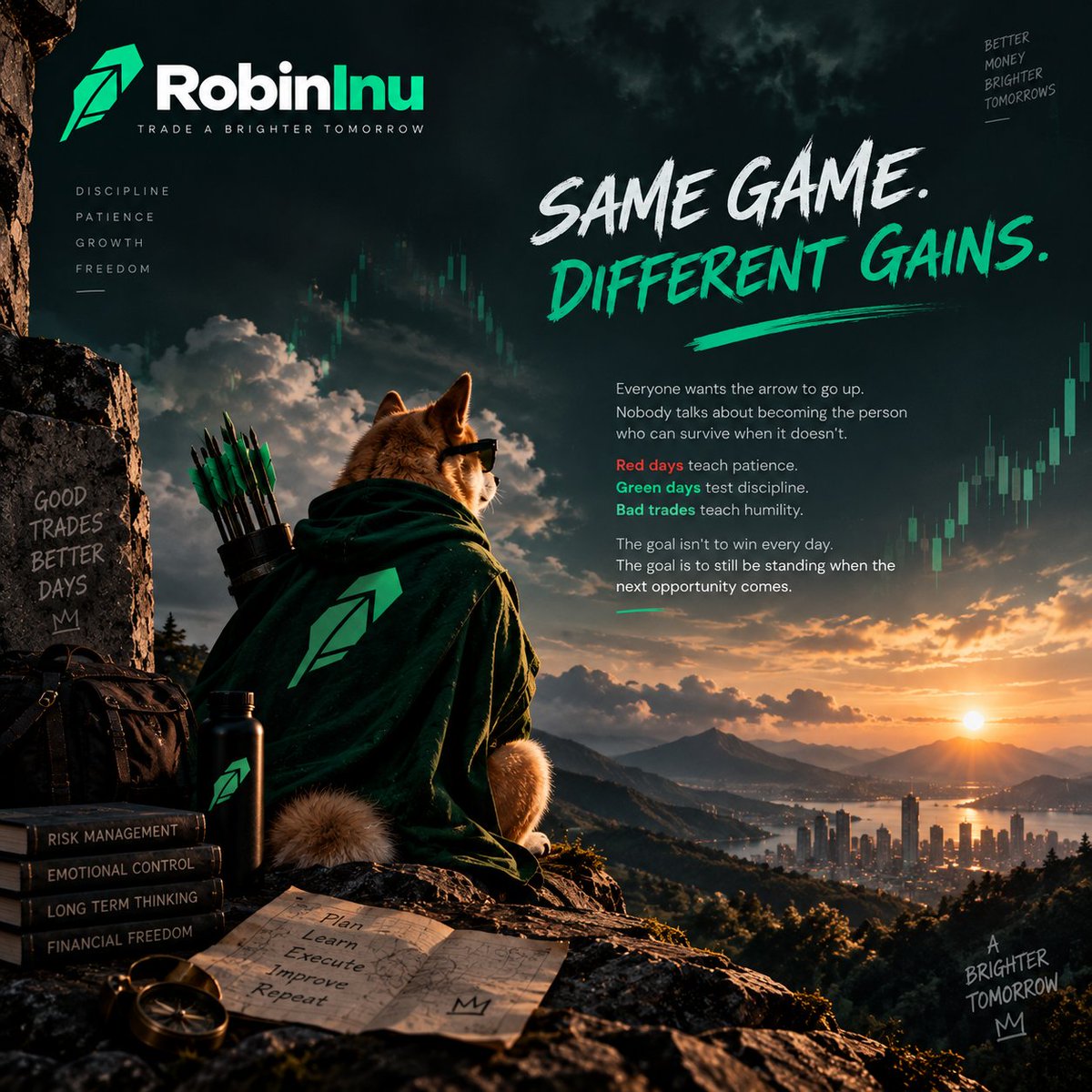 RobinInuWeb3's tweet photo. Everyone wants the green candle.
Few prepare for the red ones.
Red days build patience.
Green days test discipline.
Bad trades build wisdom.
You don't need to win every day.
You need to stay in the game long enough to catch the right ones.
Same game. Different gains. https://t.co/PXKWIWuqxH