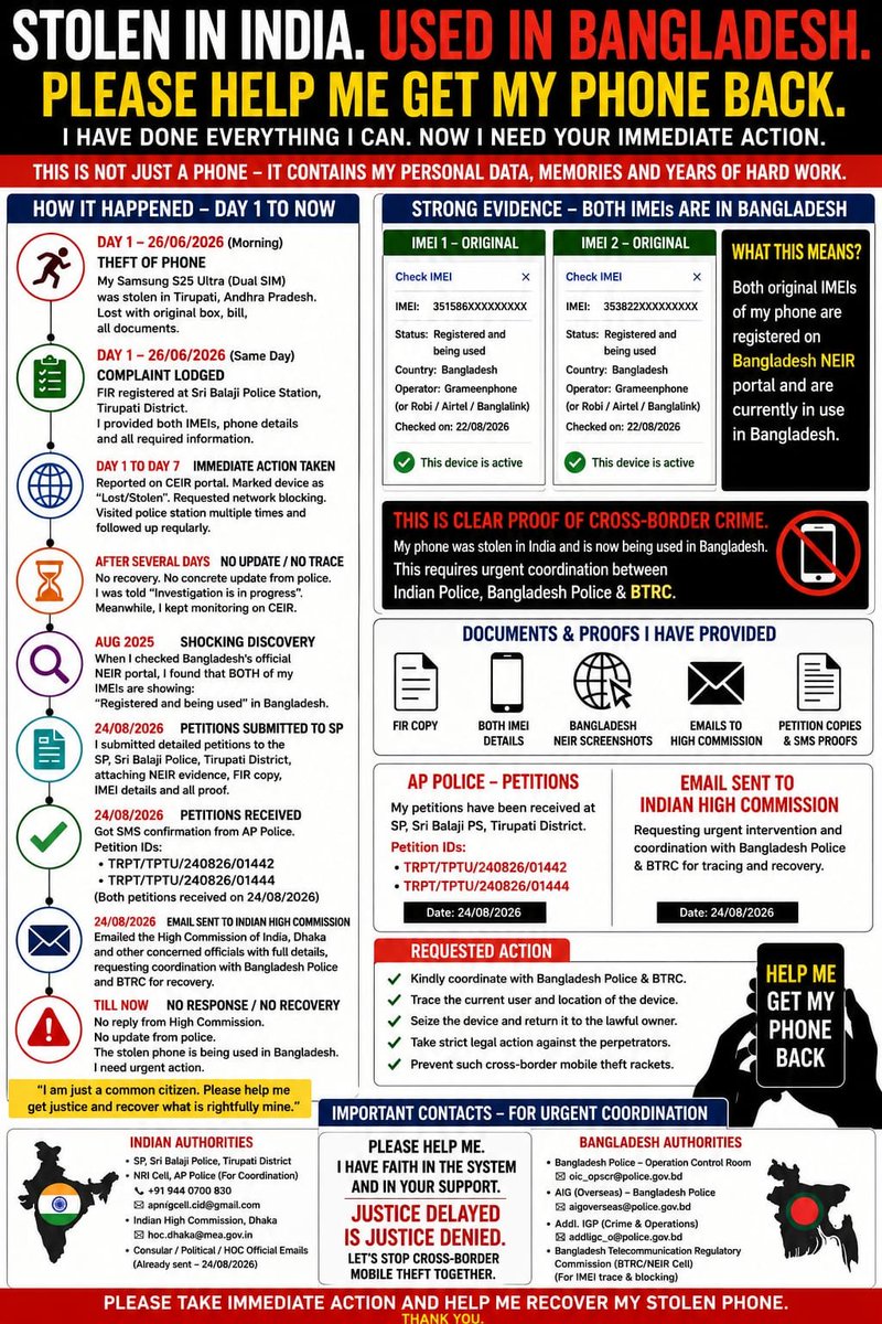 BHANDARUPAVAN's tweet photo. CROSS-BORDER CELLULAR TRAFFICKING ALERT: Stolen Indian Samsung Galaxy S25 Ultra Active in Bangladesh 🚨My Samsung Galaxy S25 Ultra was stolen in Tirupati, India, and has been illegally smuggled across international borders. An official Police FIR/Lost Report has already been filed with the Andhra Pradesh Police, and the device has been successfully blocked on the Indian Government’s CEIR Portal.Despite being globally blacklisted, the Bangladesh NEIR Portal confirms that this stolen IMEI is currently active, whitelisted, and in active use on a Bangladeshi cellular network.🛑 This is a direct loophole facilitating the international trade of stolen electronics. I hold absolute legal proof of ownership, including the original purchase invoice and physical retail box barcodes.I have sent dozens of official emails to the Bangladesh Telecommunication Regulatory Commission (BTRC) with zero response. I am publicly demanding immediate administrative intervention to manually blacklist this stolen device inside Bangladesh.👇  Samsung Galaxy S25 ultra Status: Registered and "In Use" on Bangladesh NEIR portal @officialbtrc @MEAIndia @CybercrimeCID @DoT_India @GoI_MeitY @PMOIndia @SamsungIndia#CyberCrime #BTRC #CEIR #InternationalSmuggling #SamsungS25Ultra #TechTheft #AndhraPradeshPolice @PawanKalyan @APDeputyCMO