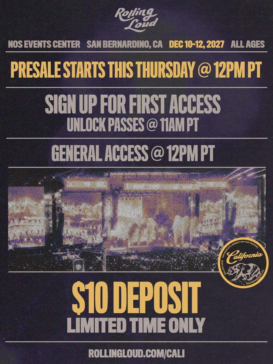 RollingLoud's tweet photo. ROLLING LOUD CALIFORNIA 2027
10-YEAR ANNIVERSARY

DEC 10-12 :: NOS EVENT CENTER 

PRESALE STARTS THIS THURSDAY @ 12PM PT

👉 https://t.co/PjaIvecp1s https://t.co/Bzs9vHrDUA