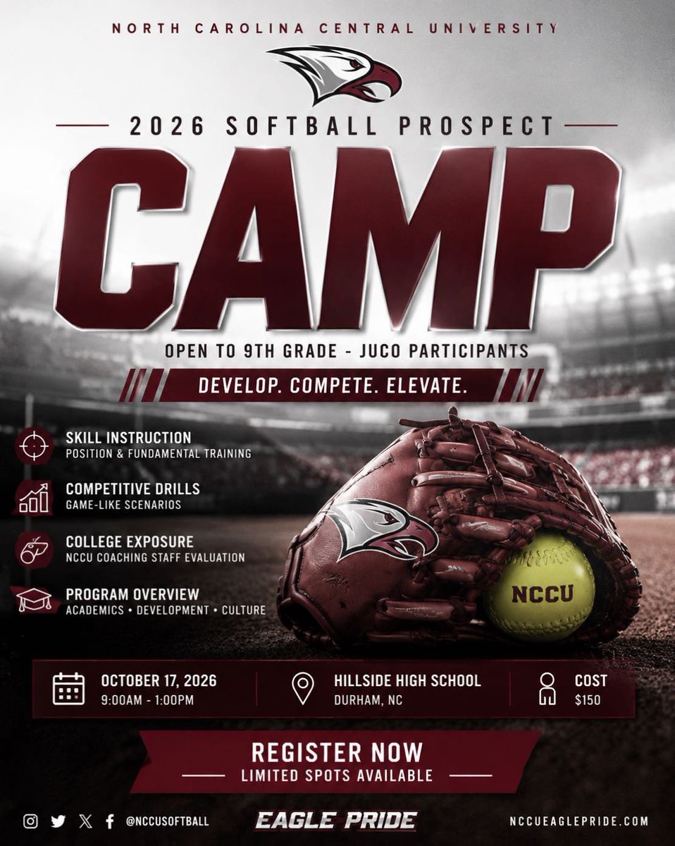 NccuSoftball's tweet photo. Only 5 slots available for the NCCU Prospect Camp. 

Link in bio to sign up. https://t.co/0nMCkJ13Xe