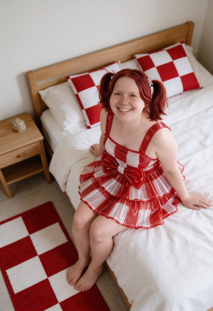 Lizzy1262629's tweet photo. Red-and-white striped PVC ruffle dress with a big bow, sitting on the bed. Matching check pillows and rug, pigtails, bare feet, big smile.
#RedWhitePVC #RuffleDress #Checkered #Pigtails #BedroomShoot #FetishFashion #NSFW #MatchingSet https://t.co/Mmj3ovN67M