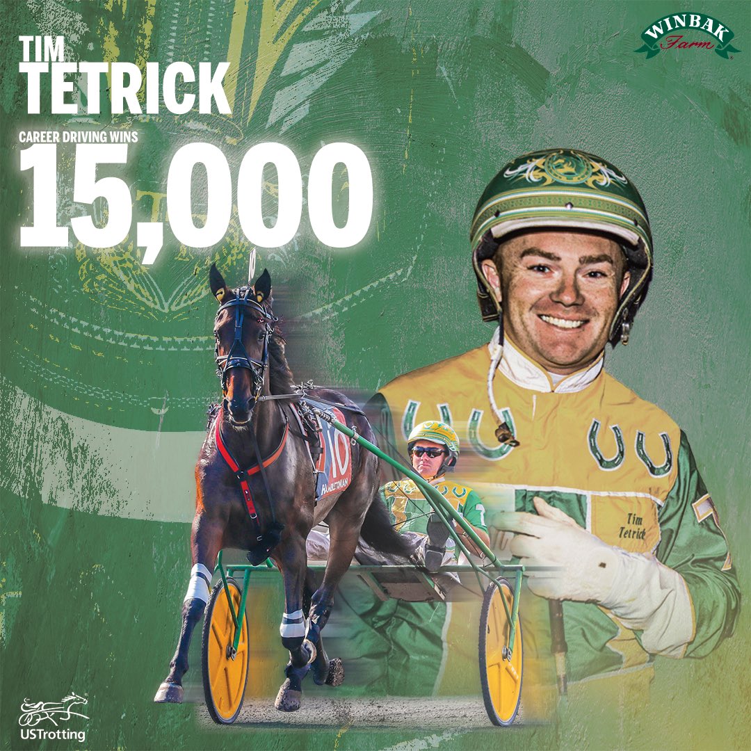 USTrotting's tweet photo. Congratulations to driver Tim Tetrick on surpassing 1️⃣5️⃣,0️⃣0️⃣0️⃣ driving wins! #harnessracing 

@RedMileHarness x @TR_Harness 

Presented by: @WinbakFarm https://t.co/nEPFjzpeKo