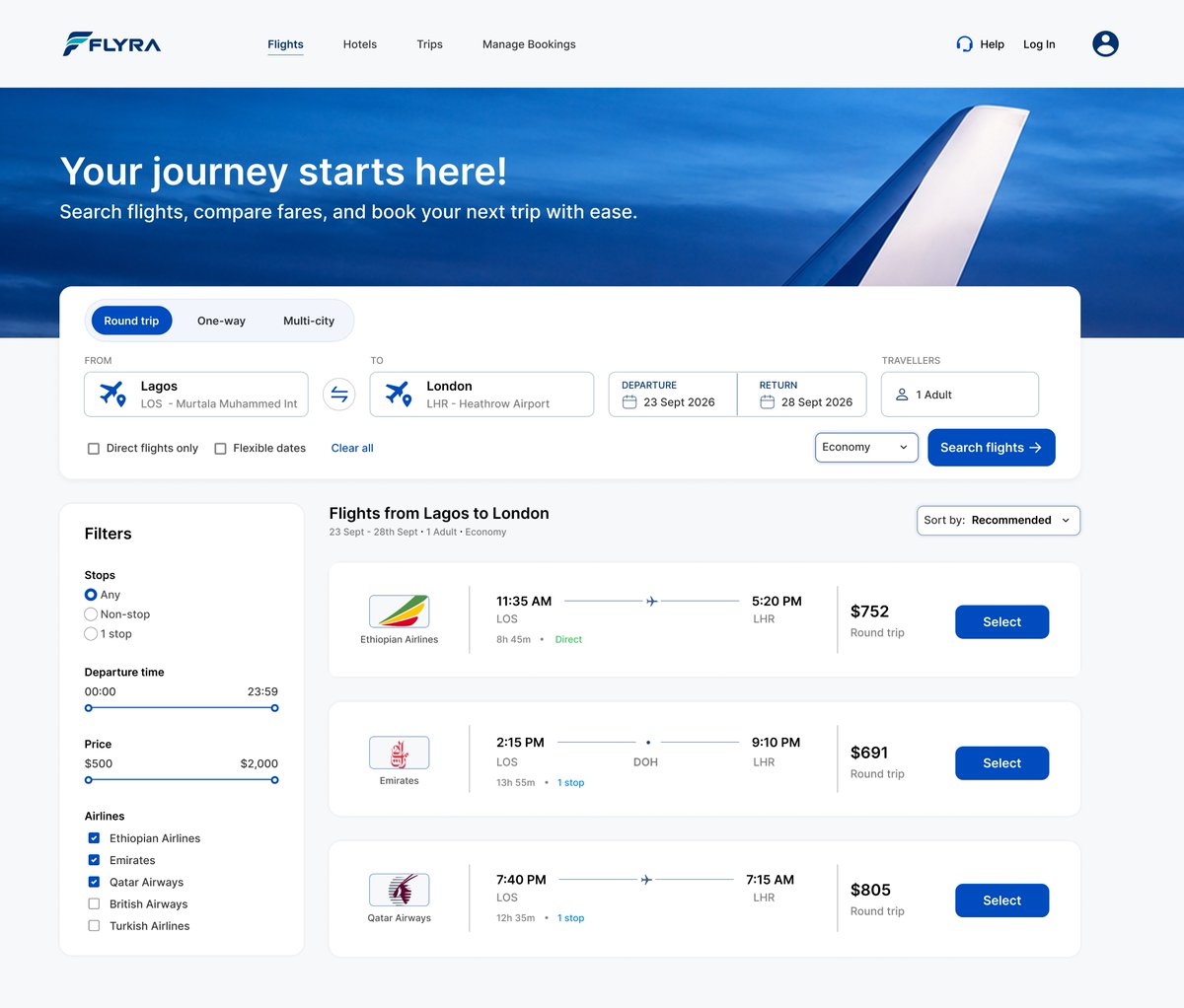 Prof__001's tweet photo. Day 09/15 - Travel Booking Search ✈️

Last week; helping users understand data.
Today: helping them search, compare &amp; decide.

Designed a flight search experience for FLYRA, focusing on interactive inputs, filters, clear CTAs, semantic colour, hierarchy &amp; information density. https://t.co/OtEXI0qulw