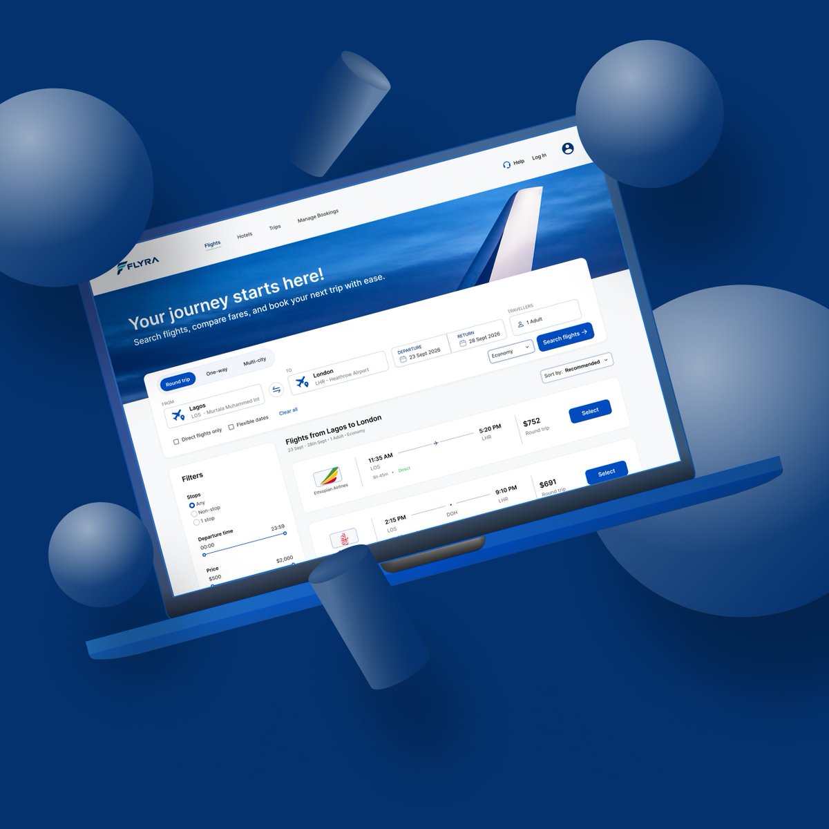 Prof__001's tweet photo. Day 09/15 - Travel Booking Search ✈️

Last week; helping users understand data.
Today: helping them search, compare &amp; decide.

Designed a flight search experience for FLYRA, focusing on interactive inputs, filters, clear CTAs, semantic colour, hierarchy &amp; information density. https://t.co/OtEXI0qulw