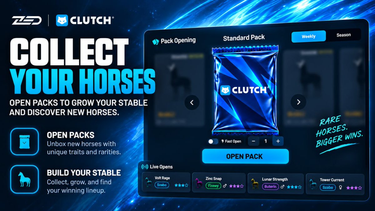 PlayOnClutch's tweet photo. Clutch x Zed is live!

Check it out now: 
https://t.co/GDWb2xGZtz

To celebrate, we're giving away $1,000+ in horse packs to help you build your stable and start earning more.

Just RT, drop your username, and keep your DM's open! https://t.co/PAAvnxauN7
