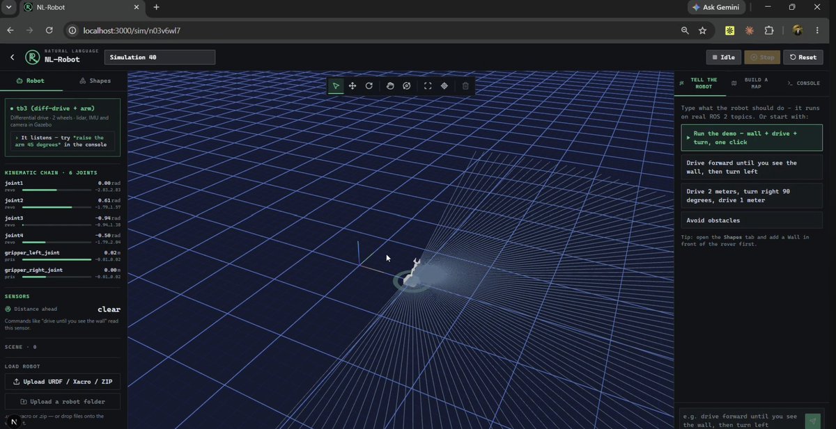 007Aurick's tweet photo. We built a "GPT-4 for ROS" @HackTheNorth... at least we attempted to😂.

> We built a chatbot that turns plain English into robot motion
> Upload your own URDF/Xacro files + test in simulation

Thank you to my teammates @mubarkparacha , Vanessa, and Ahmad. Had a lot of fun making this🙏. Shoutout to everyone I met at HTN as well!

https://t.co/nMg6reCVxh