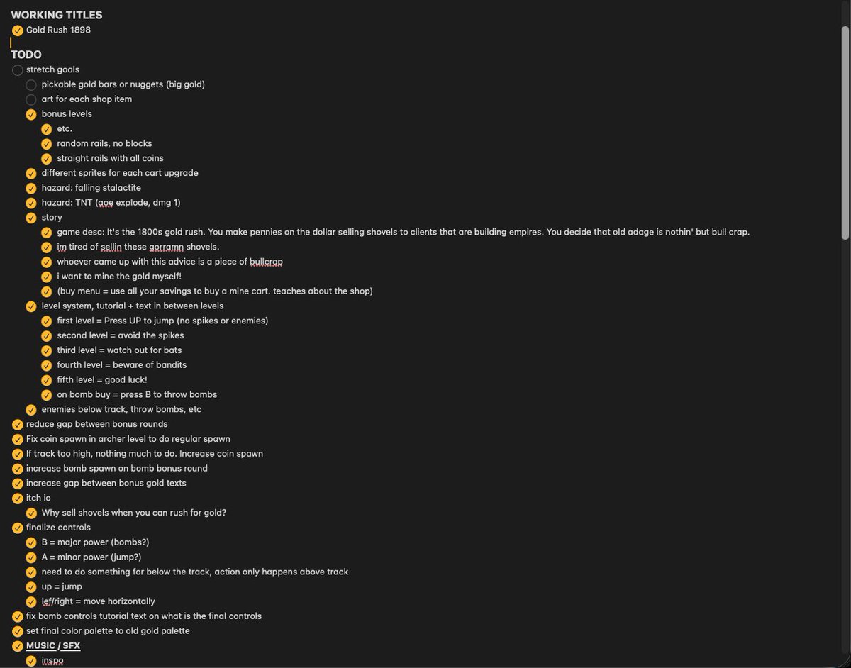 alphonsus_dev's tweet photo. Feels good to see my #GBJAM14 to-do list all checked! 🤌

Only two items left as I ran out of time, but those are just minor polish improvements anyway so it's not a big deal.

Might write up a post-mortem soon! https://t.co/BksgkGwOgl