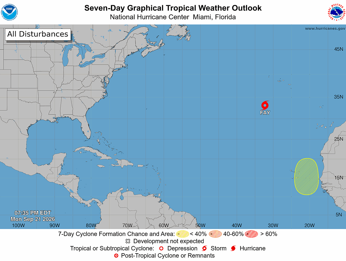 Atlantic Tropical Weather Outlook. 8 PM EDT Monday September 21, 2026.

For the North Atlantic...Caribbean Sea and the Gulf of America:

Active Systems:
The National Hurricane Center is issuing advisories on Tropical 
Storm Fay, located several hundred miles southwest of the Azores. 

Far Eastern Tropical Atlantic:
A tropical wave is forecast to move off western Africa by Wednesday. 
Environmental conditions may become marginally conducive for slow 
development while it moves generally north-northwestward near the 
Cabo Verde Islands later this week.
* Formation chance through 48 hours...low...near 0 percent.
* Formation chance through 7 days...low...30 percent.