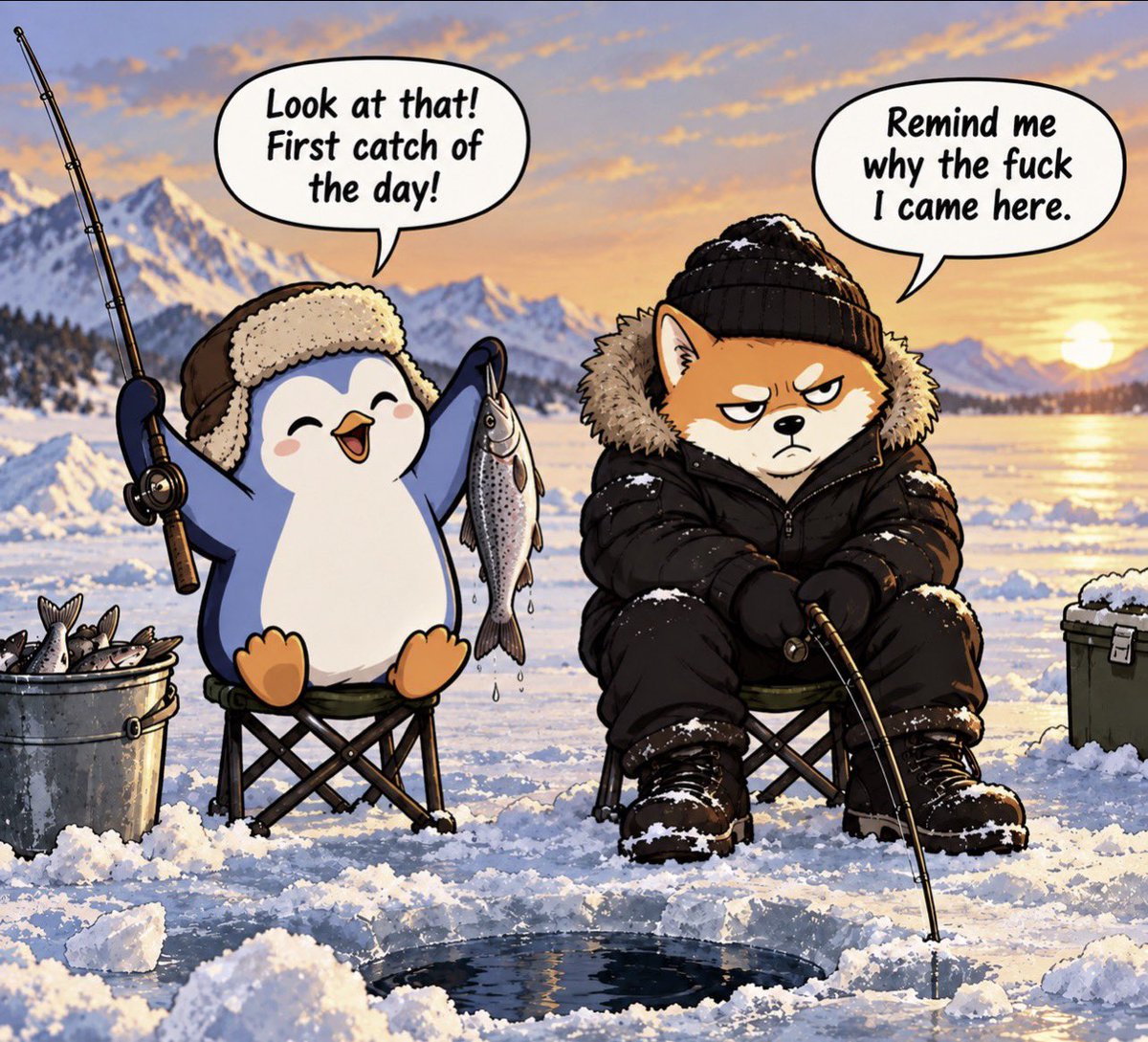therealgrumpinu's tweet photo. @pudgypenguins took me ice fishing….

He caught dinner.

I caught frostbite and a newfound hatred for penguins.

Never fucking again. https://t.co/NS95ZT1BLL