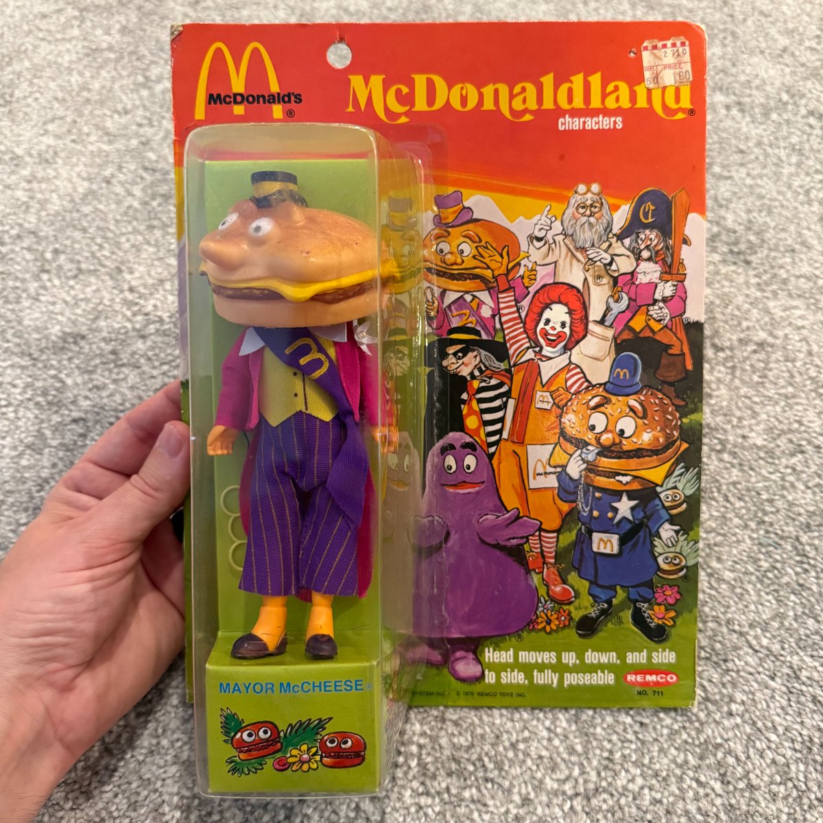 consumertc's tweet photo. Released in September 1976, the REMCO line of McDonaldland dolls is now officially 50 years old! The full set of figures included Grimace, Mayor McCheese, Big Mac, Hamburglar, Captain, Professor and Ronald with incredible packaging and plenty of soft goods and accessories. https://t.co/WlPAqLWzJO