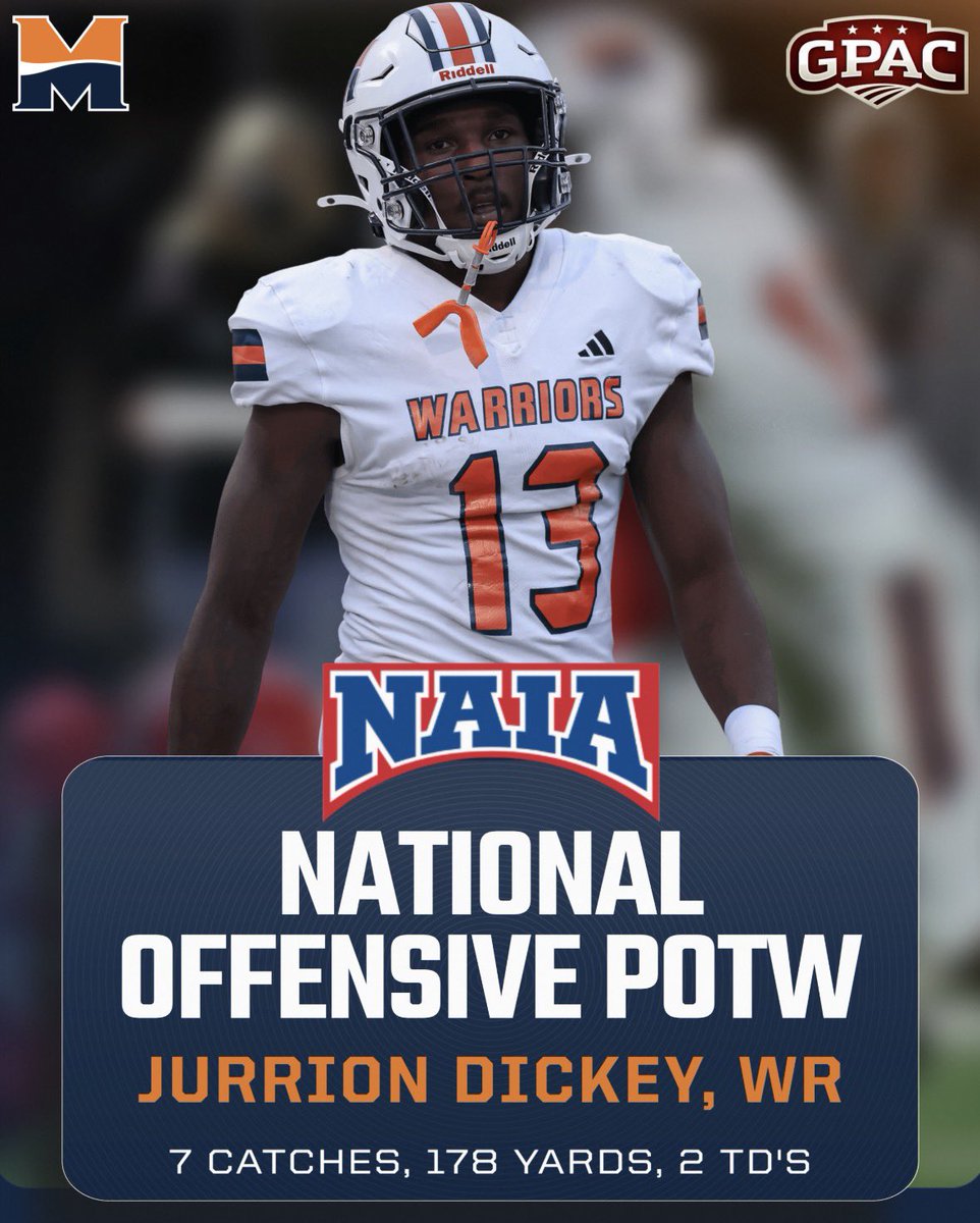 MidlandU_FB's tweet photo. National Treasure🪎‼️

Jurrion Dickey earns This Week’s NAIA National Offensive Player of the Week!‼️🔥Congratulations @JurrionDickey!!

#SUMMIT https://t.co/fs4hr5dPBr