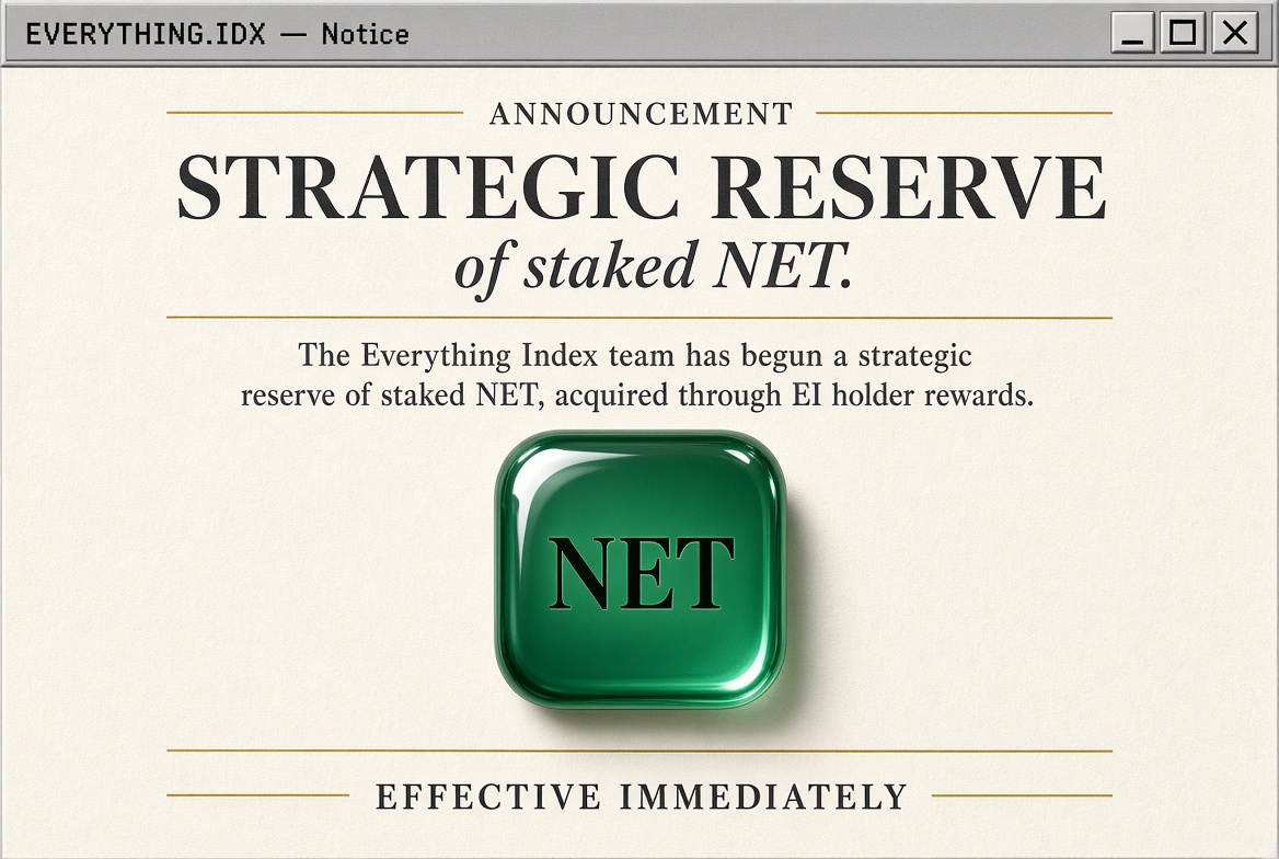 EIonRobinhood's tweet photo. Big announcement holders.

The everything Index team has started a strategic reserve of staked $NET.

$EI rewards can be used to buy and stake $NET now. https://t.co/dioZ1DM33W