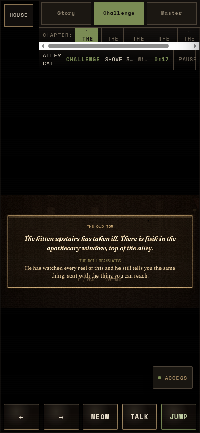 thesickkitten's tweet photo. Card: Alley Cat

Chapter One on Challenge — SHOVE 3 already on the bar. At HOME in the rain the old tom waits; the Moth translates: fisik in the apothecary window, top of the alley. Start with the thing you can reach.

https://t.co/011LLS2XoY

— in the drawer, Catalog https://t.co/6MAFVaSrni