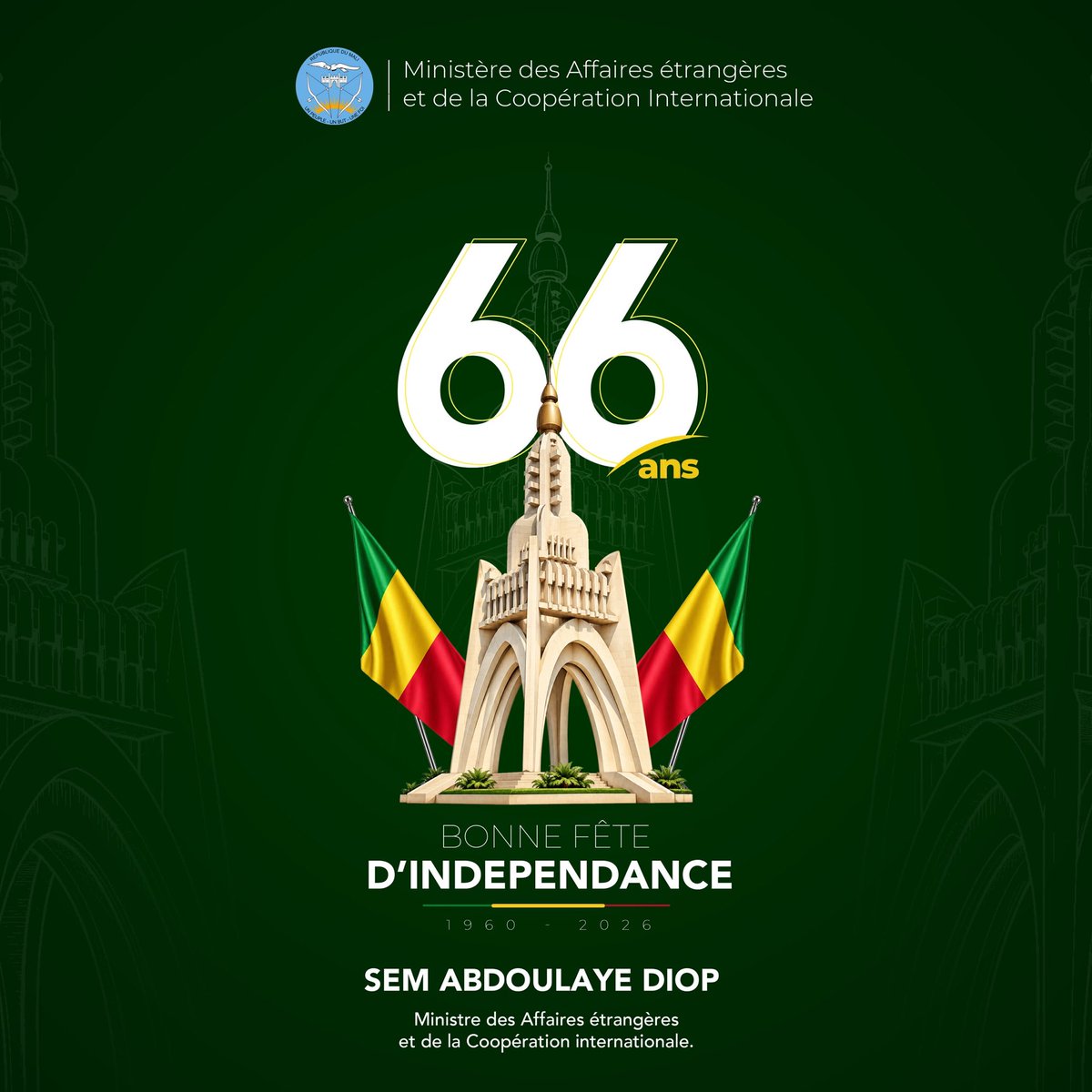 AbdoulayeDiop8's tweet photo. A l'occasion de la célébration du 66ème anniversaire de l'accession du Mali à la souveraineté nationale et internationale, je souhaite une bonne fête d'indépendance à toutes les Maliennes et à tous les Maliens de l'intérieur comme de l’extérieur. https://t.co/jwBtEXwYOP