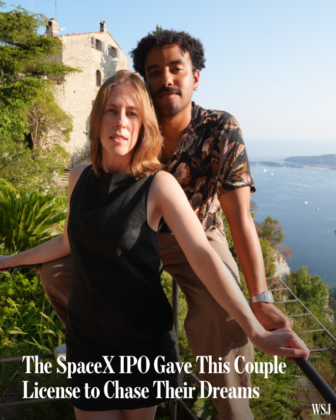 WSJ's tweet photo. SpaceX’s historic IPO minted a wave of overnight millionaires, and prompted one couple to quit their jobs and pursue their “biggest, craziest, weirdest dreams.” 🔗 https://t.co/Zut7TsyeDl https://t.co/HxHv0PoKHl