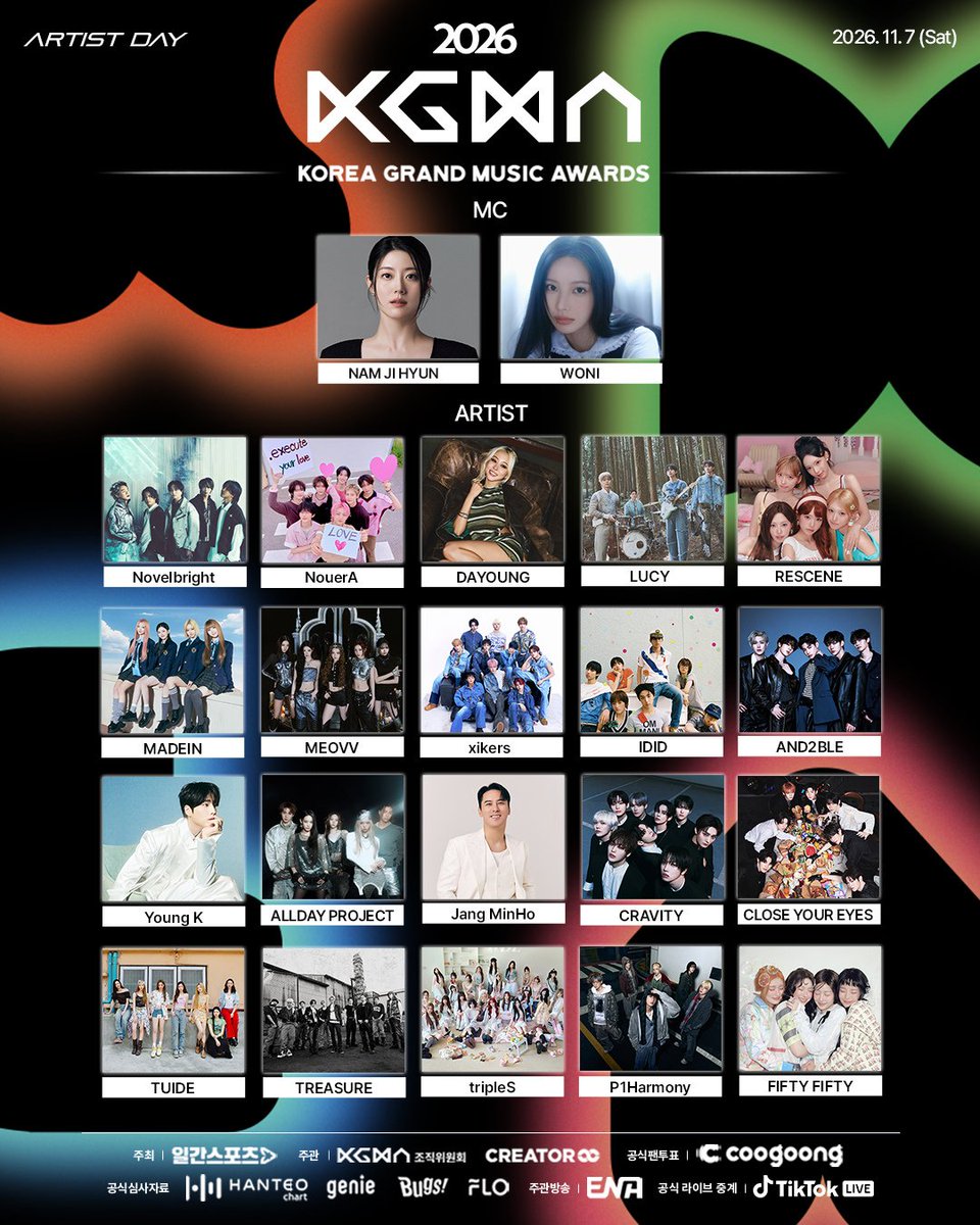 enjoywithkorea's tweet photo. 🎵「KGMA」日程別アーティスト発表！

11月7日(土)・8日(日)に高尺スカイドームで開催される「KOREA GRAND MUSIC AWARDS（KGMA）」の出演アーティストが日程別に発表✨

📅11/7(土)「ARTIST DAY」
Novelbright · NouerA · DAYOUNG · LUCY · RESCENE
MADEIN · MEOVV · xikers · IDID · AND2BLE
Young K · ALLDAY PROJECT · Jang MinHo · CRAVITY · CLOSE YOUR EYES
TUIDE · TREASURE · tripleS · P1Harmony · FIFTY FIFTY

📅11/8(日)「MUSIC DAY」
NEXZ · RIIZE · MINHO · Park Jihyeon · Billlie
SHOWNU X HYUNGWON · AHOF · ALPHA DRIVE ONE · AEN · ATEEZ
WayV · YUNA · ITZY · YENA · KISS OF LIFE
KiiiKiii · KickFlip · TOUCHED · TWS · Hearts2Hearts

📍高尺スカイドーム
🗓️2026年11月7日(土)・8日(日)

#韓国情報 #韓国
---------------------------

韓国情報・イベント情報も発信中🎫
→ @enjoywithkorea

GTツアー公式LINE🔻
https://t.co/Yls9s9OAiG