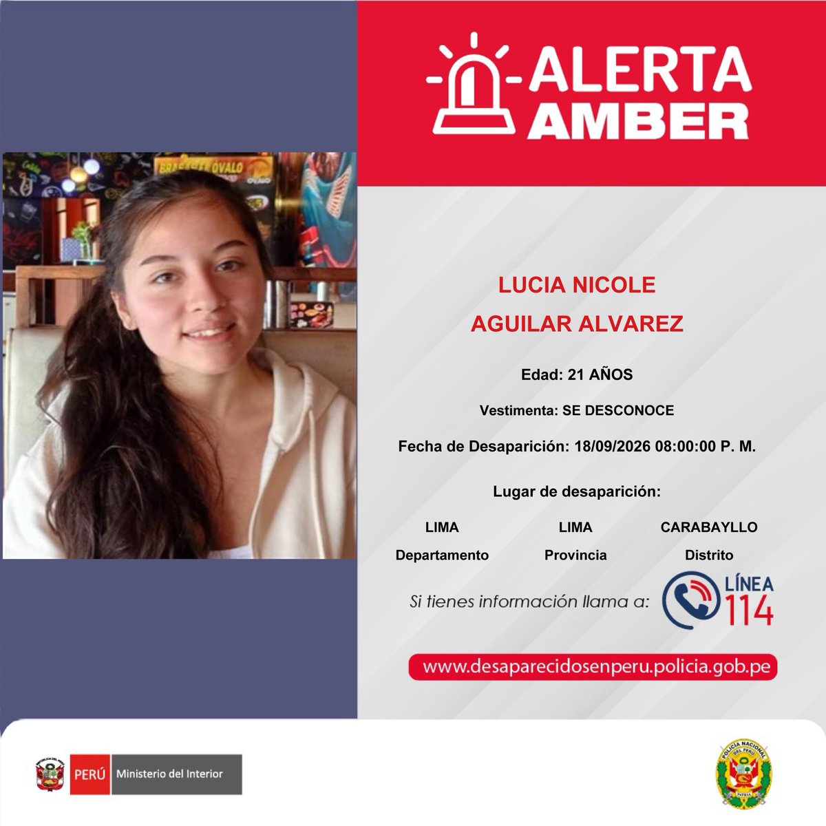 congresoperu's tweet photo. 🚨 #AlertaAmber | El Congreso de la República difunde la siguiente alerta AMBER, con el fin de apoyar en las acciones de búsqueda y ubicación de personas desaparecidas.

Si tienes información sobre el paradero de una persona desaparecida, comunícate con la Línea 114 de la @PoliciaPeru.

La atención es gratuita, confidencial y está disponible las 24 horas, los 365 días del año.