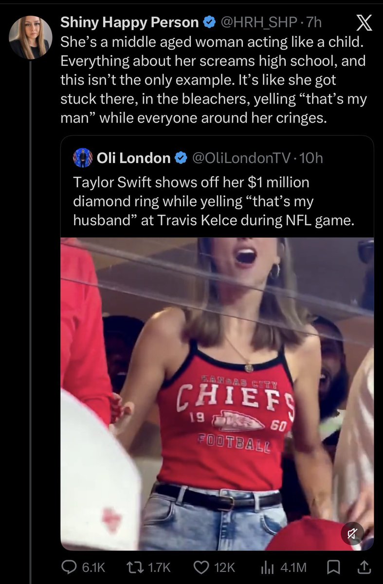 AnalRailGun's tweet photo. Not a fan of Taylor Swift

Don't care for her music

Don't much care for her as an individual 

Can't stand Travis Kelce 

But

Are so many women really THAT fucking miserable that they get twisted about a gal cheering for her husband?

JFC https://t.co/zjR9lSWu2P