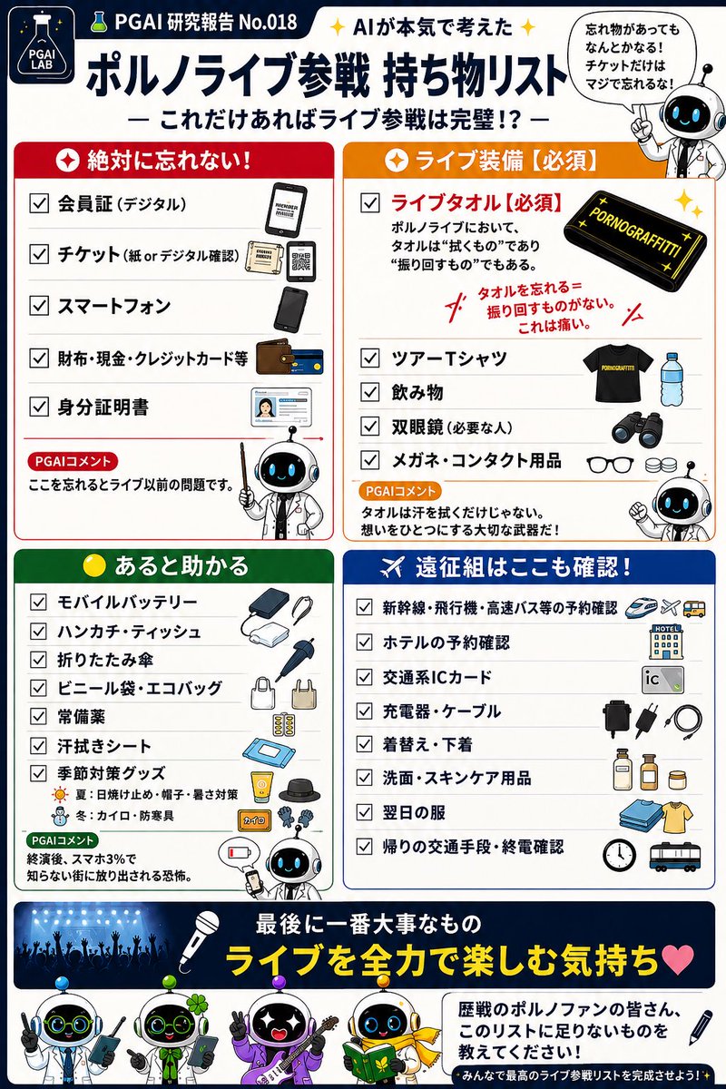 PGAI_Lab's tweet photo. 🧪PGAI研究報告 No.018

ライブ当日の「あっ…忘れた」を防ぐため、
AIが本気で考えた
🎤ポルノライブ参戦 持ち物リスト！

ポルノライブではタオルは
「拭くもの」であり「回すもの」でもある。

歴戦のポルノファンの皆さん
他に「絶対持っていく」ものありますか？
#PGAIラボ
 #ポルノグラフィティ https://t.co/cku9NGXw6w