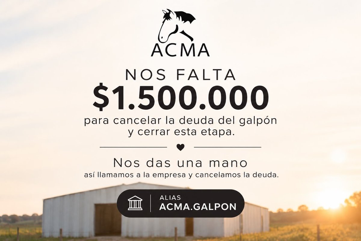 ACMACABALLOS's tweet photo. 💜 NOS FALTA EL ÚLTIMO EMPUJÓN

De los $6.000.000 que debíamos por la construcción del galpón, hoy sólo nos falta reunir:

✨ $1.500.000 ✨

Estamos muy cerca de terminar de saldar la deuda con Viviendas La Revancha y poder decir, por fin:

🙌🏻 ¡ACMA ESTÁ LIBRE DE DEUDAS! 🙌🏻

Para nosotros significaría una enorme tranquilidad y la posibilidad de seguir proyectando nuevas mejoras para nuestros rescatados, destinando todos nuestros recursos a brindarles el lugar y los cuidados que merecen.

Hasta hoy cumplimos con cada compromiso asumido, con las obras prometidas y con cada paso que dijimos que íbamos a dar. 

Todo se hizo en tiempo y forma gracias al esfuerzo y al acompañamiento de ustedes.

Ya recorrimos gran parte del camino. Nos falta solamente este último tramo.

¿Nos ayudan a llegar a la meta?

Cada aporte, por pequeño que sea, nos acerca un poquito más. Entre todos podemos lograrlo. ❤️

➡️ Alias para colaborar:

☑️ ACMA.GALPON

¡Gracias por ayudarnos a dar este último empujoncito! 🙌🏻✨💜