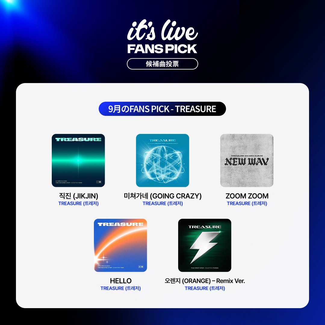 muniverse_io's tweet photo. 📢 it's Live FANS PICK 投票OPEN！

TREASUREに「it's Live」で歌ってほしい曲は？ 🎸✨
it's Live FANS PICK投票が今スタートしました！

🎁 投票参加者の中から抽選で50名様に
it's Liveの収録現場を観覧できるチャンス！ 👀

🎟️ 1回の投票につき観覧応募券を1枚自動付与
投票すればするほど、当選のチャンスもUP！

🗳️ 投票期間
2026年9月22日（火）10:00 ～ 9月29日（火）17:00（KST）

Muniverseで#itsLiveに投票しよう！
🔗 https://t.co/kyWqjTljkH

#itsLive #잇츠라이브 #Muniverse #뮤니버스 #KPOP
#TREASURE #트레저